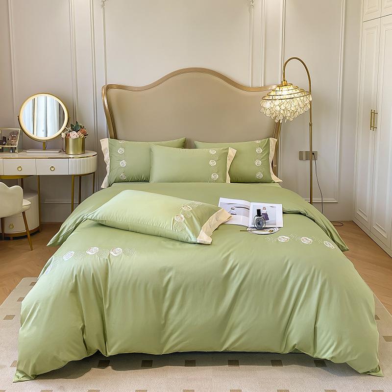 Embroidery Pure Cotton Four-piece Quilt Cover Solid Color Bed Sheet Light Luxury Style Bedding