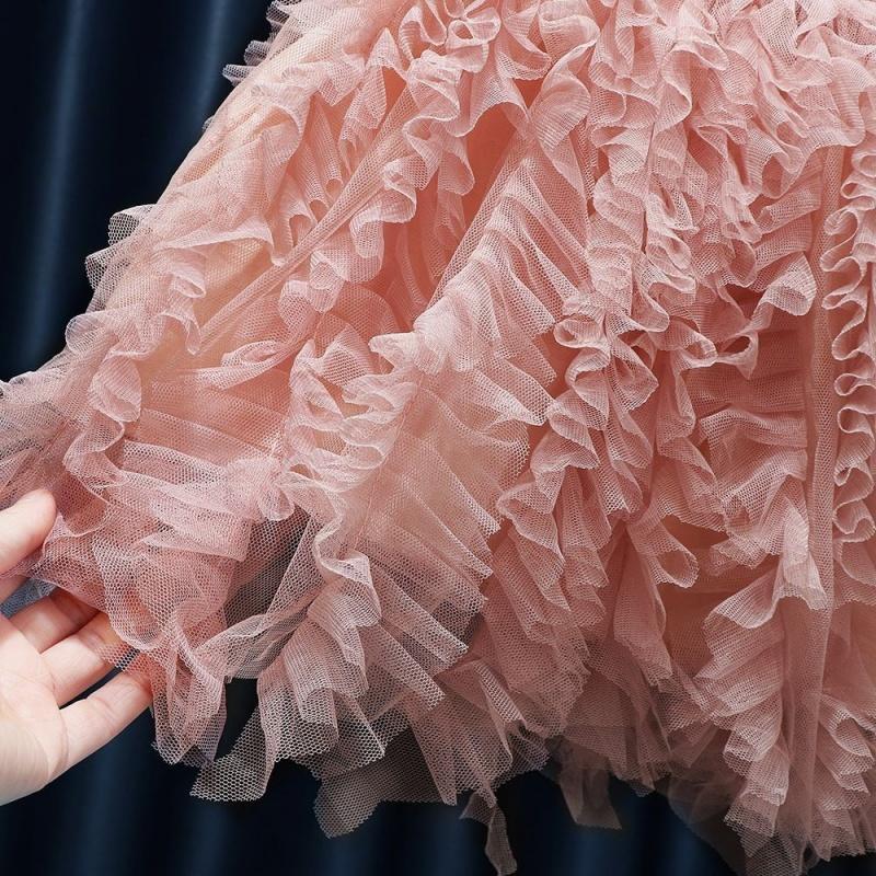 Summer Children's Clothing Solid Color Short Sleeved Girl's Princess Gauze Dress Fashionable Fluffy Spliced Cake Dress 1-7Y