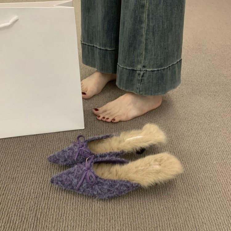 French Temperament Plush Bag Head Half Slippers Lazy One Pedal Pointed Muller Shoes Plush Shoes Women Wear Outside Winter