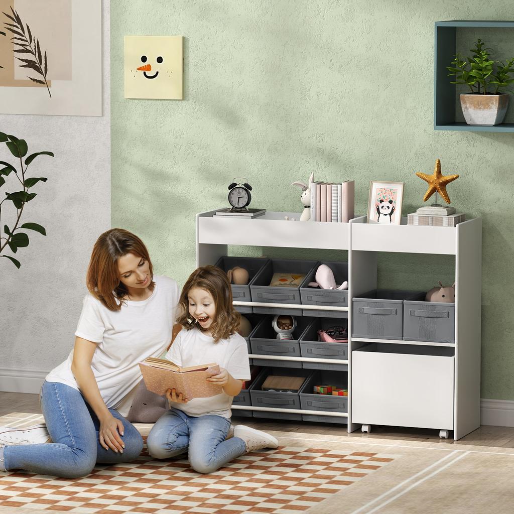 Kids' Storage Shelf, Toy Cabinet for Children with 11 Fabric Boxes, Upper Compartments, White