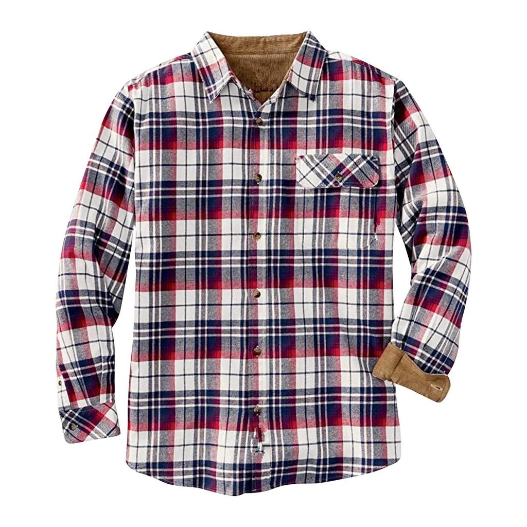 Men's Fashion Casual Loose Plaid Pocket Lapel Long Sleeve Shirt Top Blouse