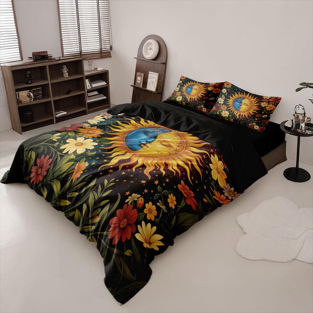 3pcs Moon Flower Printed Coreless Quilt Set, Multi Size Comfortable Bedroom Bedding Decoration, Machine Washable