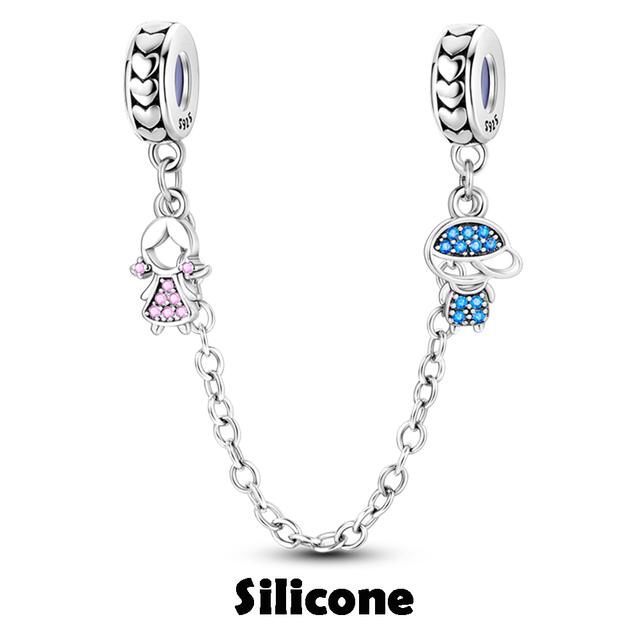 925 Sterling Silver Silicone Spacer Stopper Clip Charms Safety Chain Charms Fit Fashion Style Bracelet Gift Women 