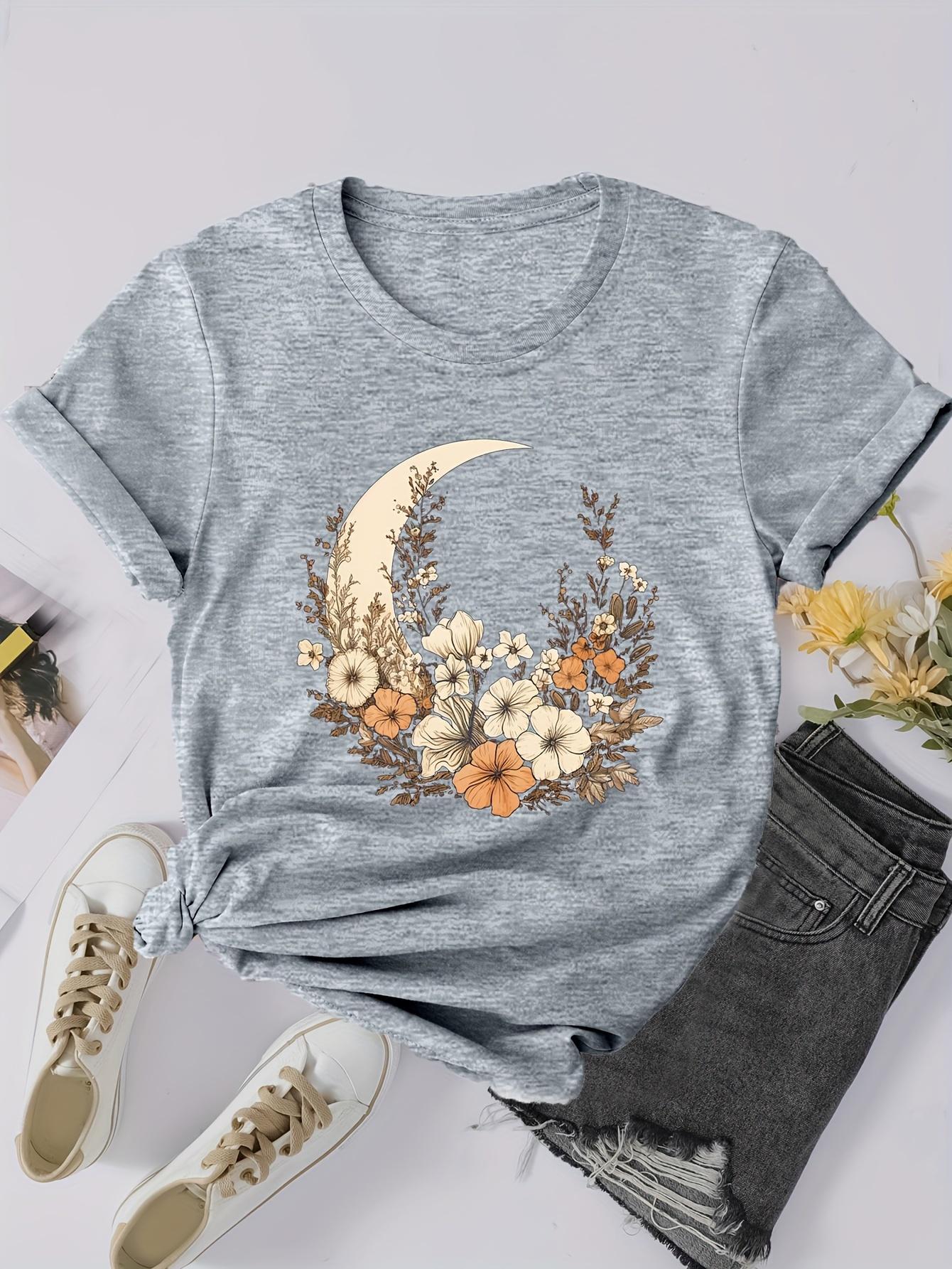 

Футболка большого размера, женская, с цветочным принтом и лунным принтом, с коротким рукавом, круглым вырезом, слегка эластичный топ 4XL