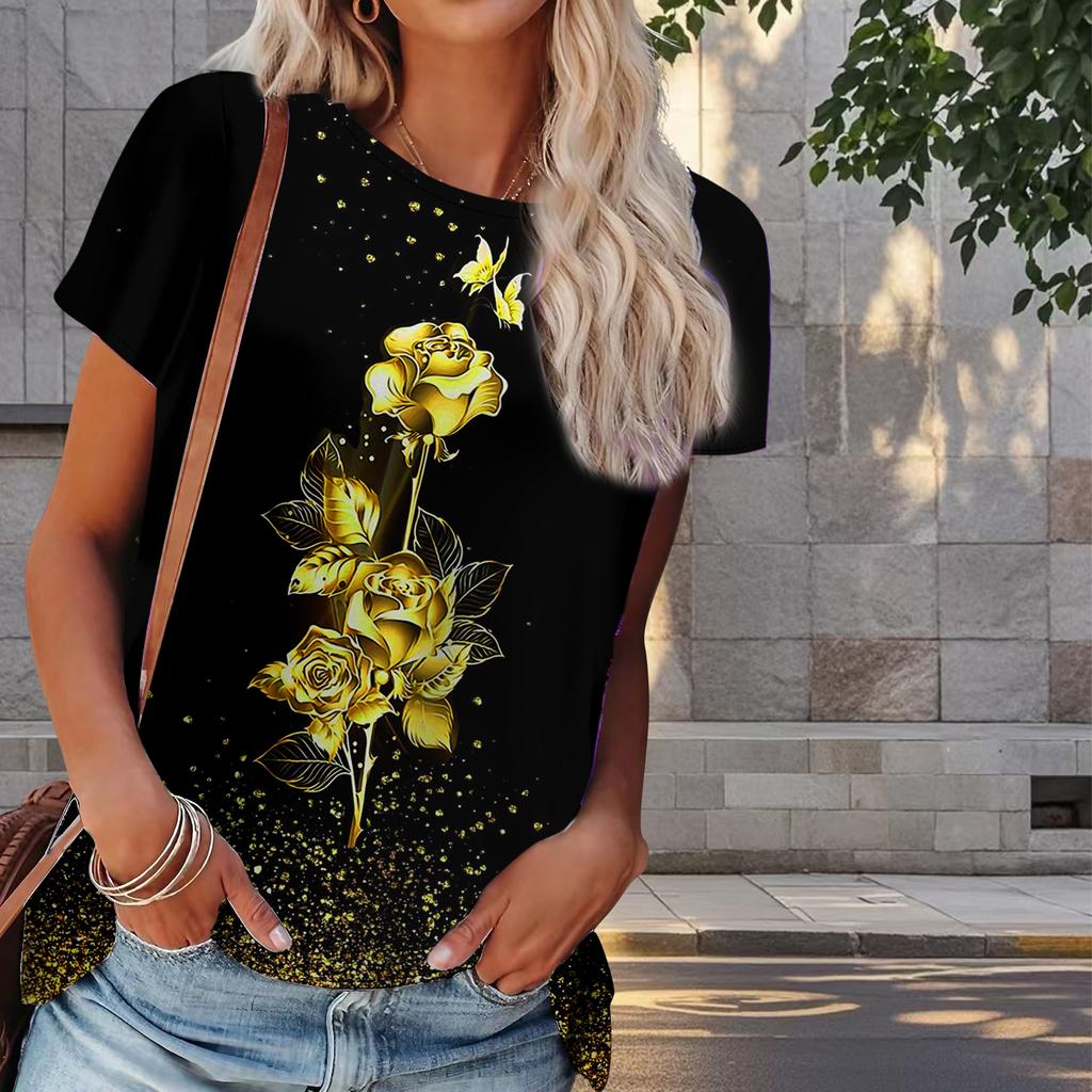 Damen Sommer T-Shirt Blumendruck Retro Mode Kurzarm T-Shirts Casual Printed Tops