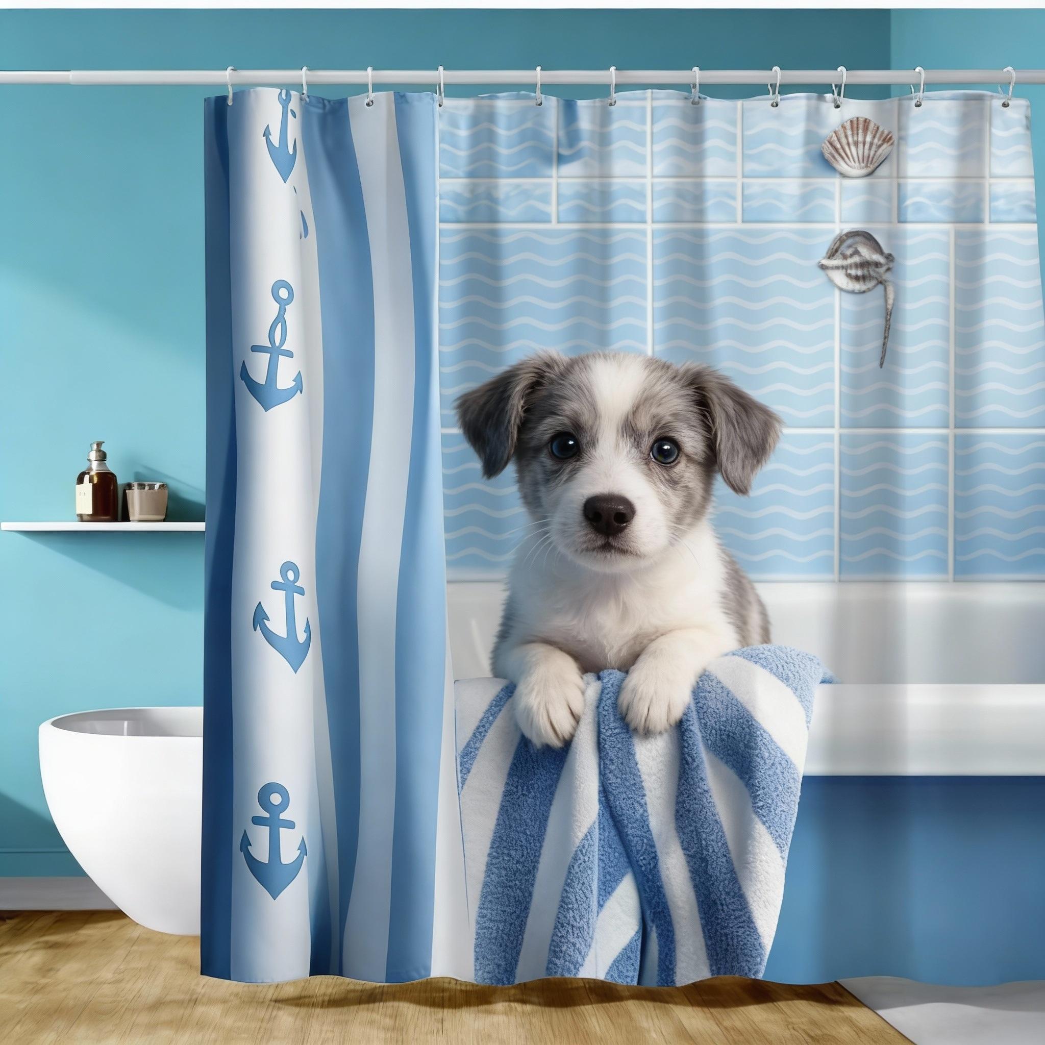 

1 Cute Kitten And Nautical Anchor Shower Curtain, Blue And White Stripes, Great For Bathroom Decor, Suitable For All Seasons W60H190(CM)-1 Pcs