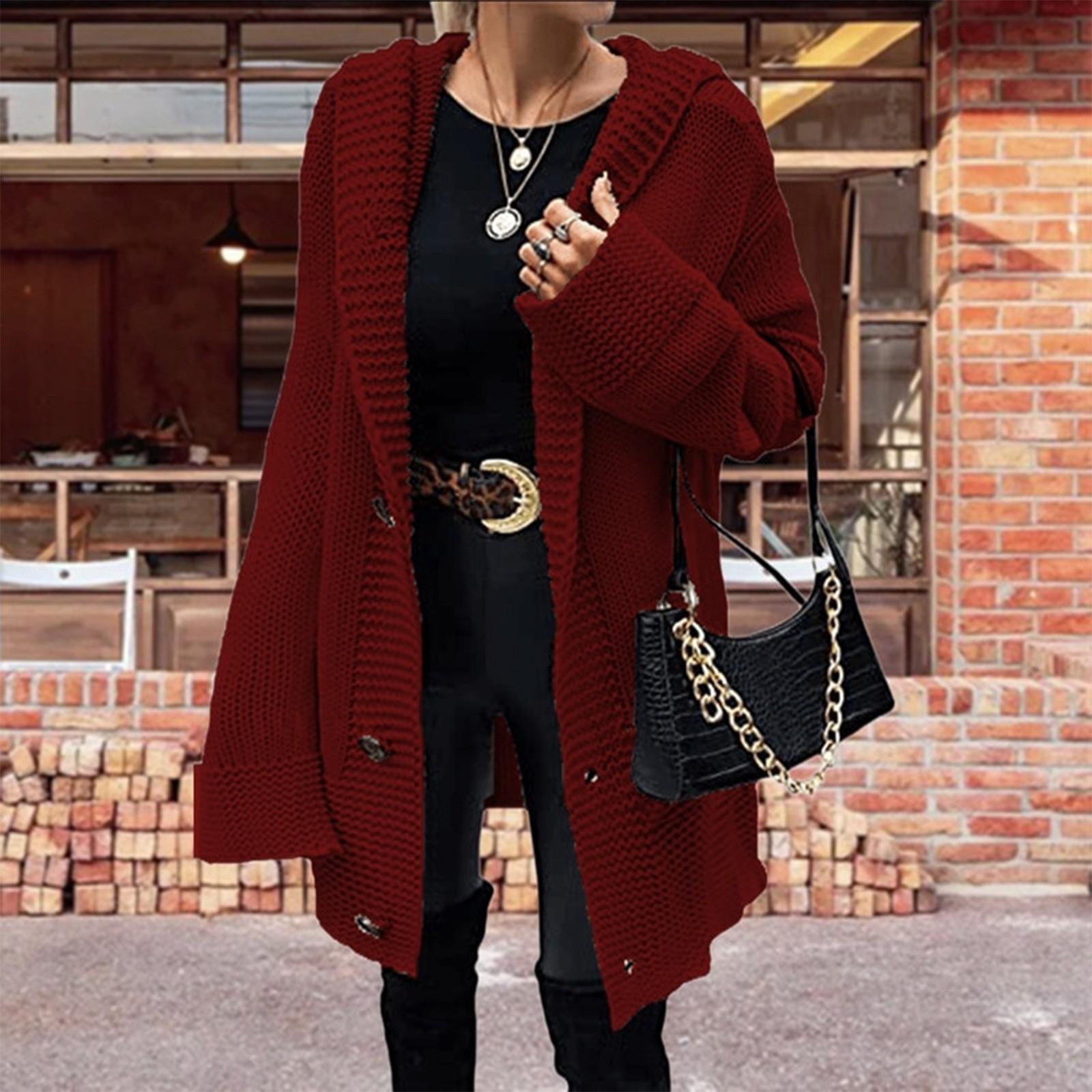 

Женская модная вязаная однотонная куртка-свитер средней длины с капюшоном и пуговицами XL винный