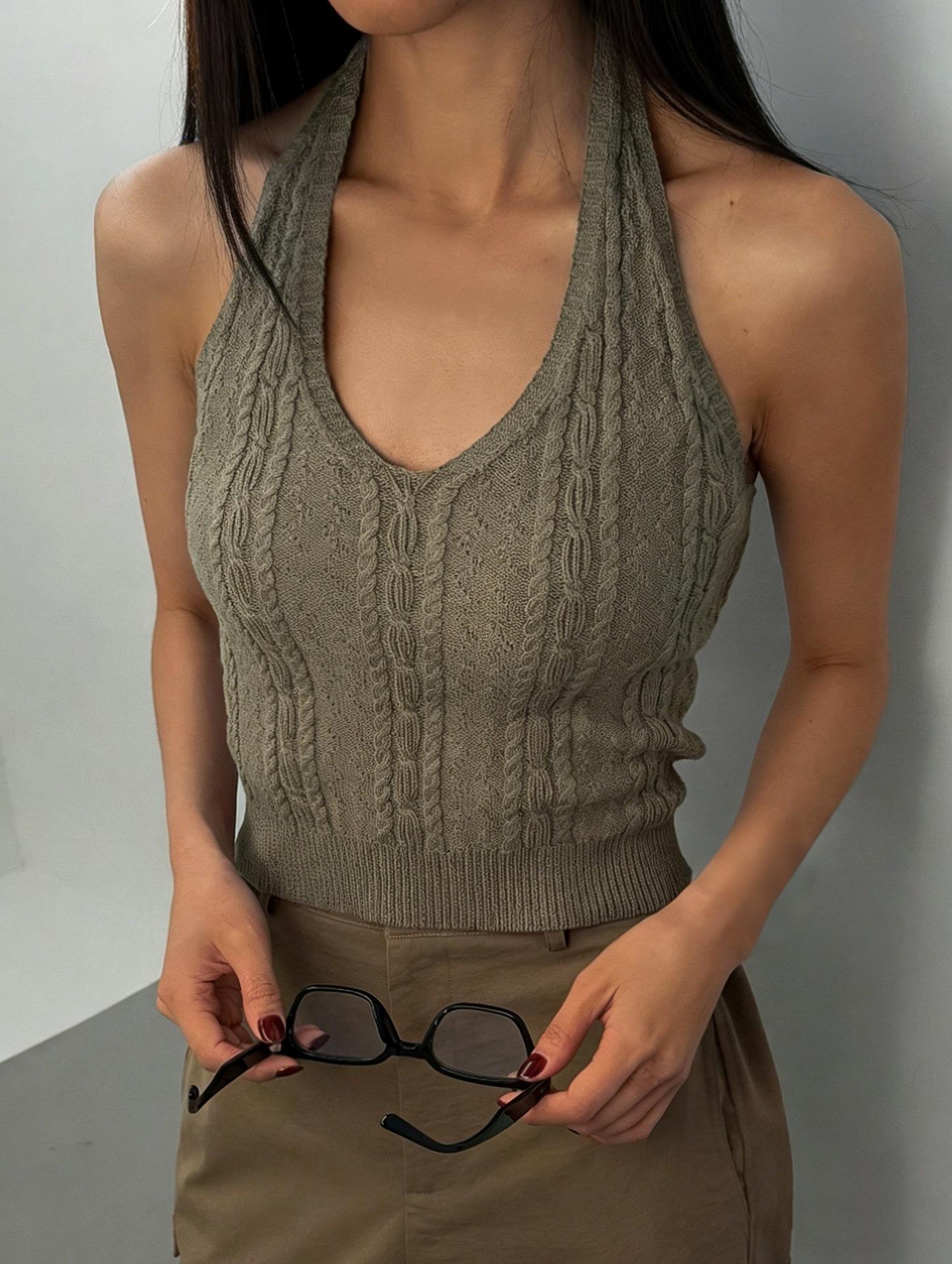 Women S Knit Halter Top Summer Hollow Twist Slim Fit Vest Pure Desire Inner Wear S