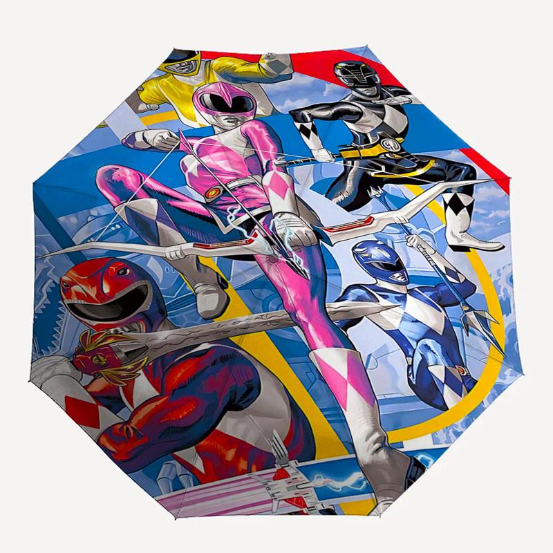 1pc Pink Ranger Auto Open Umbrella, Portable 3-Fold Design with Iron Frame, Outdoor for Fans, Travelers, Daily Use, Gift Idea.Y044