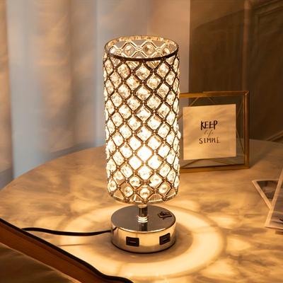 Lampa de Noptiera din Cristal cu Porturi USB si Bec - Lampa Eleganta de Noptiera pentru Dormitor sau Birou - Include Bec