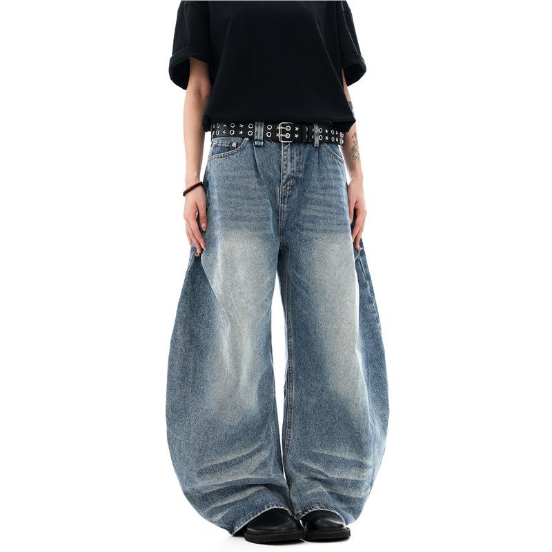 American Retro Old Silhouette Scimitar Jeans Women's Design Feeling Wrinkled Loose Straight Wide Leg Mopping Pants Tide