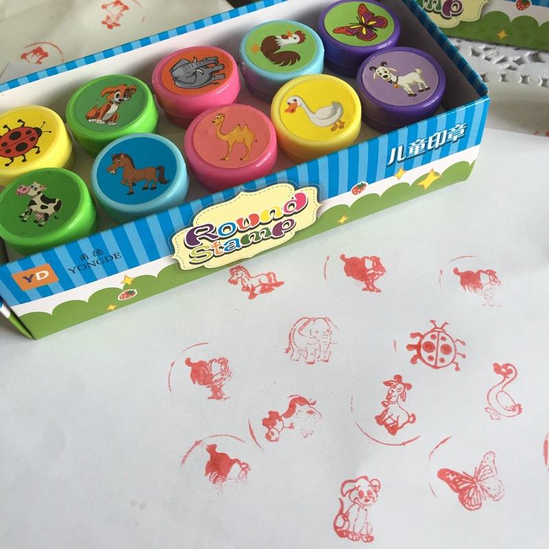 10 Pcs/Box Simple Stamps Toy for Kids Cartoon Animal Self-ink Seal DIY Painting Notebook Decor Gift