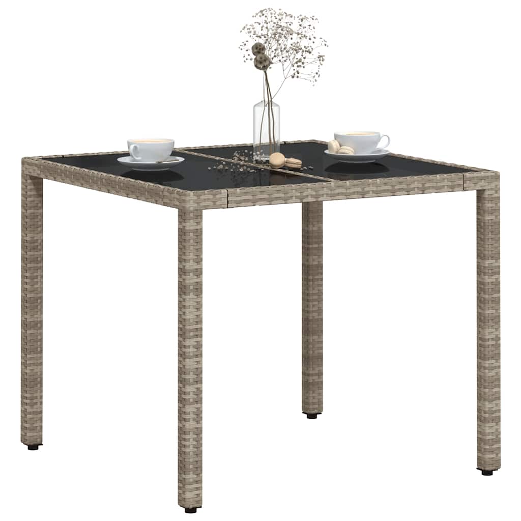 Garden Table with Glass Top Light Grey 90x90x75 Cm Poly Rattan