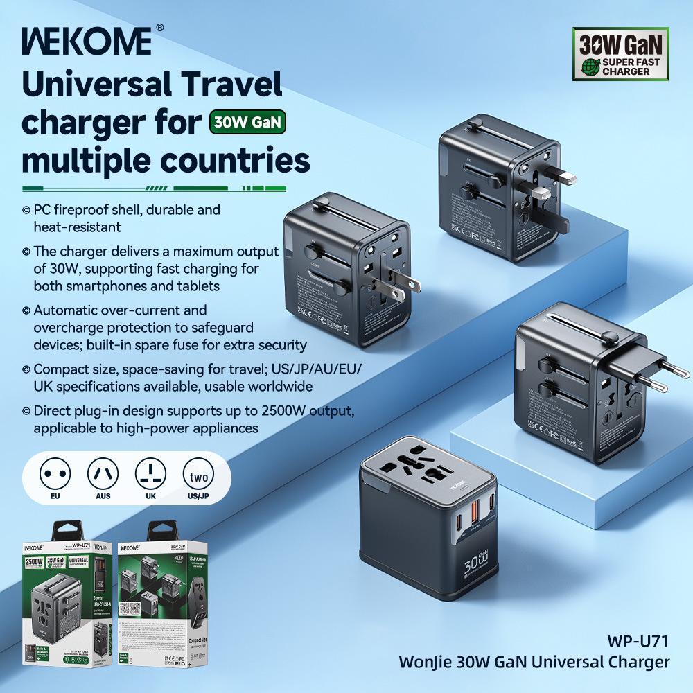 WEKOME Vip 30W Universeller Reiseadapter für EU, UK, USA, 1200W Direktstecker