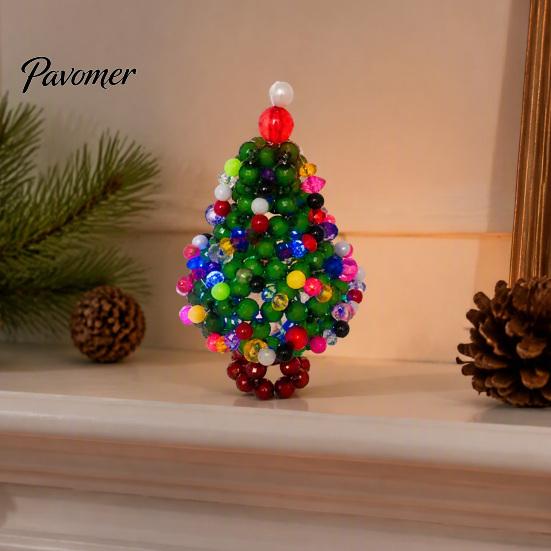 Decorative Holiday Charms Handmade Beaded Christmas Tree Ornament, Sparkly Crystal Bead Mini Art for Holidays Tabletop Decor, Hand-Woven Xmas Desktop