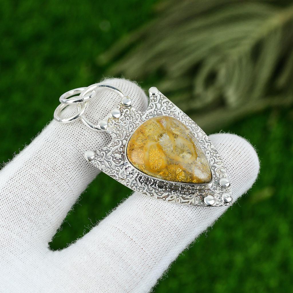 925 Silver Fossil Coral Gemstone Anniversary Wedding Birthday Pendant Jewelry