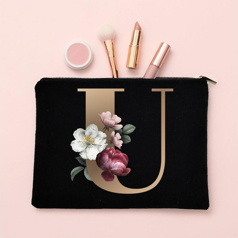 Alphabet Floral Makeup Bag Bridesmaid Maid of Honor Holiday Wedding Bachelorette Party Gift Canvas Cosmetic Zipper Storage Pouch