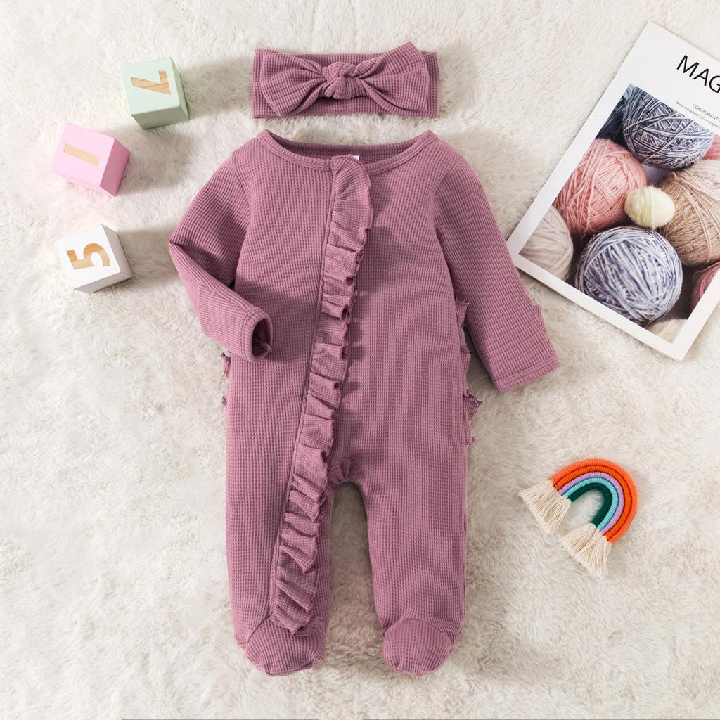 Footies för spädbarnsflickor 3M 6M 12M Enfärgade krusiduller Rundhals Långärmad Baby Jumpsuits Nyfödda Kläder Bodysuits med pannband