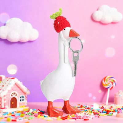 Yousheng 1 Set Goose Statue Mini Knitted Hat with Adjustable Strap Desktop Goose Crochet Cap Halloween Christmas Holiday Party Dress-up Outfit
