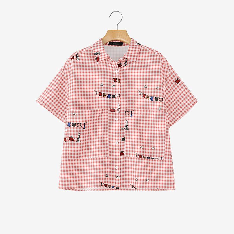 ZANZEA Women Casual Turn Down Collar Loose Short Sleeve Plaid Print Blouse