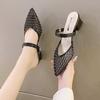 Shoes Woman's Slippers Beige Heeled Sandals Low Big Size Pointed Toe Slides Square Heel 2025 Black Summer Block Rubber Fabric PU