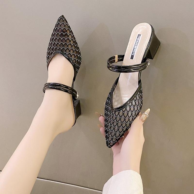 Shoes Woman's Slippers Beige Heeled Sandals Low Big Size Pointed Toe Slides Square Heel 2025 Black Summer Block Rubber Fabric PU