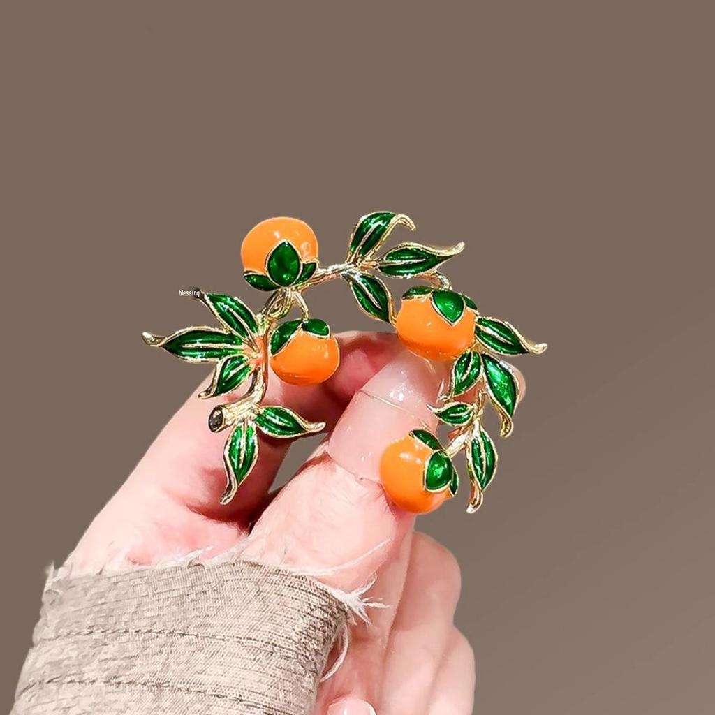 Elegance Persimmon Enamel Brooch: Pastoral-Style Chinese Corsage Pin for Women
