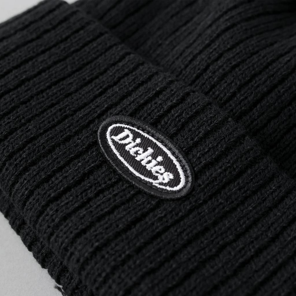 Dickies CALIF Ribbed Knit Cap with Logo Patch, Unisex Acrylic Beanie, Solid Color, Black Patch, for Snowboarding, Men's and Women's