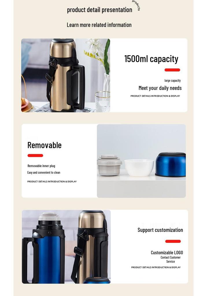 1500ML Stainless Steel Thermos Flask - Large Capacity, Portable for Car & Home Use