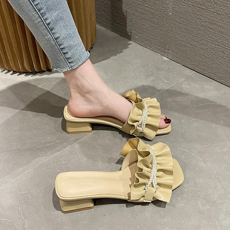 2025 Summer New Ruffle Leaf Edge Thick Heel Slippers Women's Outer Wear Medium Heel Open Toe One-word Fashion Cool Slippers