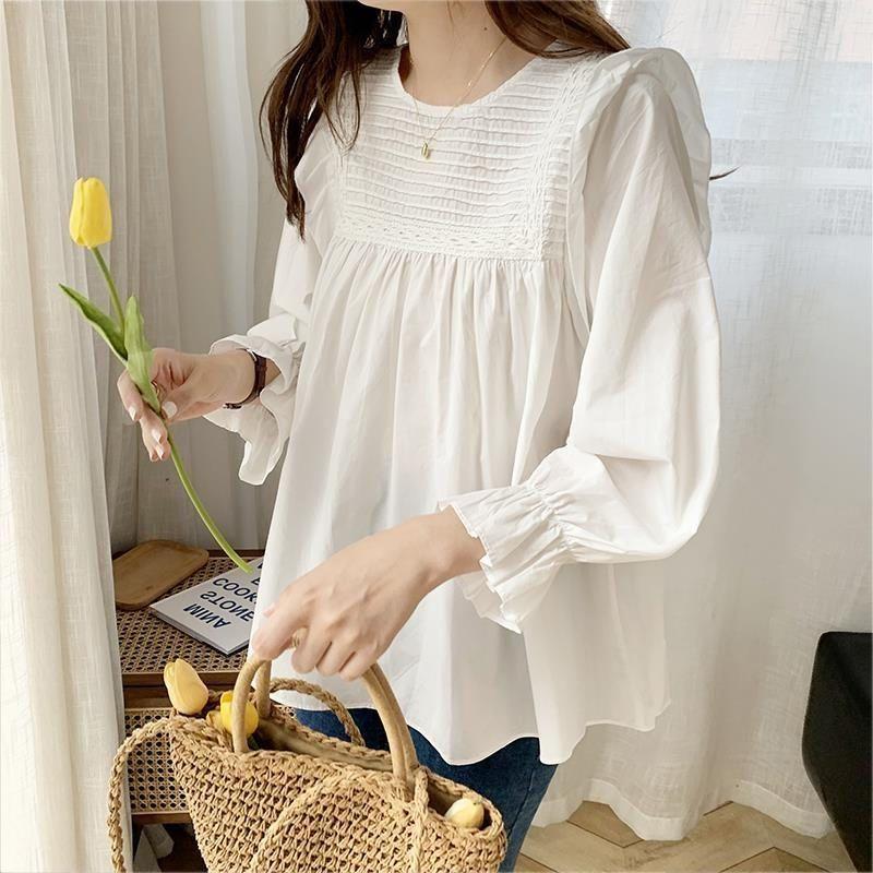 Top women s solid color round neck pleated shirt women s spring and summer tops XL белый