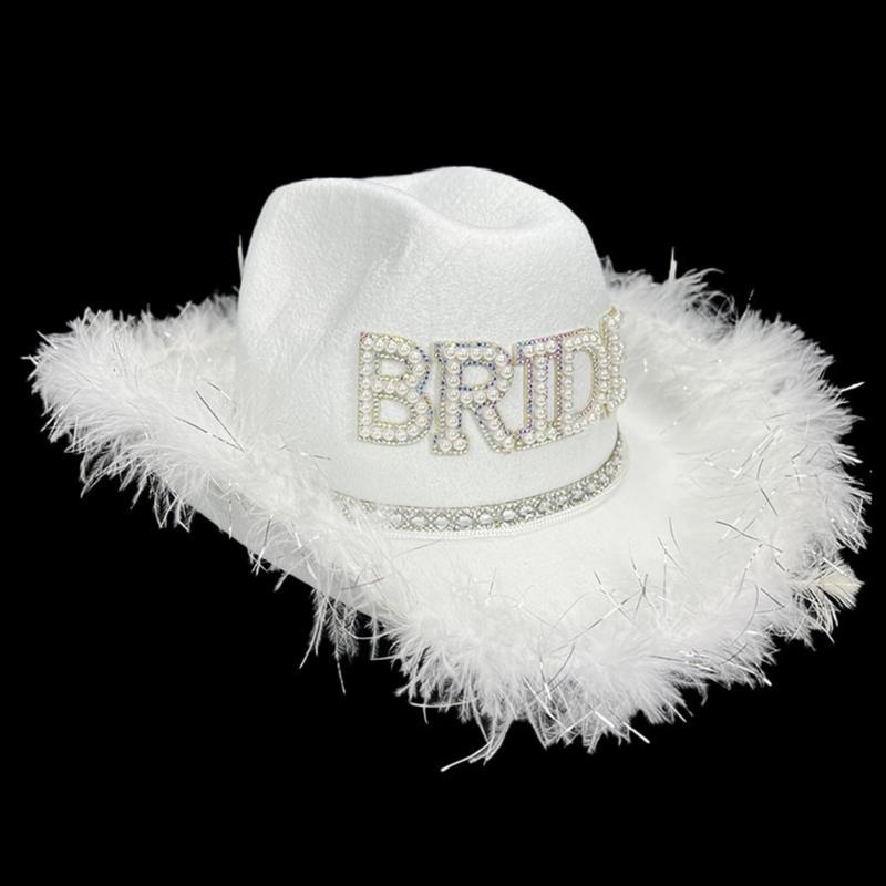 Pearl BRIDE Letter Cowboy Hats Wedding Party Cowgirl Hat Sunproof Hat with Plush Trim Western Elegant Dress Supply