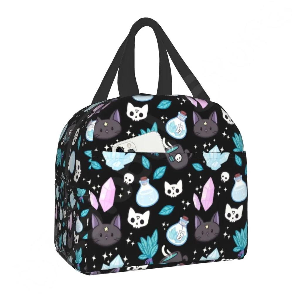 Pattern Insulated Lunch Bag for School Office Halloween Cat Skull Leakproof Cooler Thermal Bento Box Women Children
