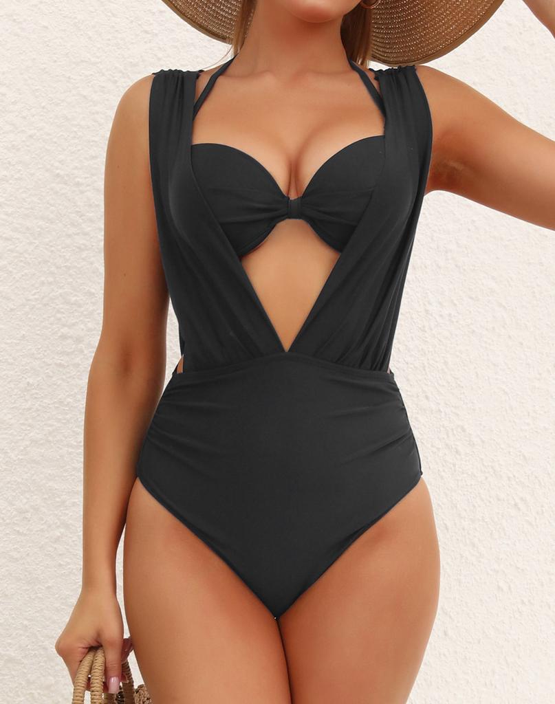 Women's Swimsuit Solid Color Deep V Hard Cup Backless Halter Neck Bikini Split Set Beachwear Bathing Suits