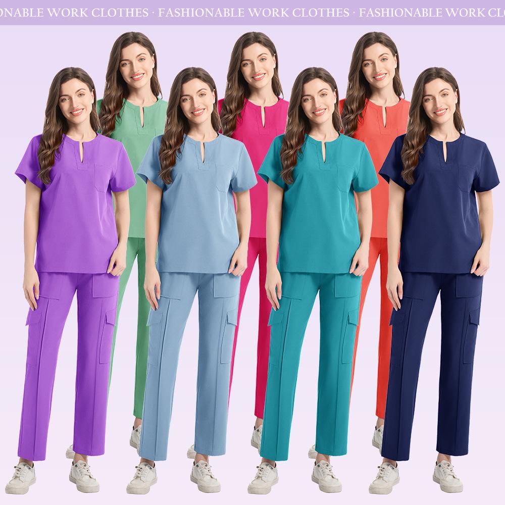 Uniforme Médical Blouse Pantalon Femmes Ensemble de Blouse Médicale à Poches + Pantalon Costume 2 Pièces Vêtements d'Infirmière pour Bloc Opératoire Salon de Beauté Vêtements de Travail