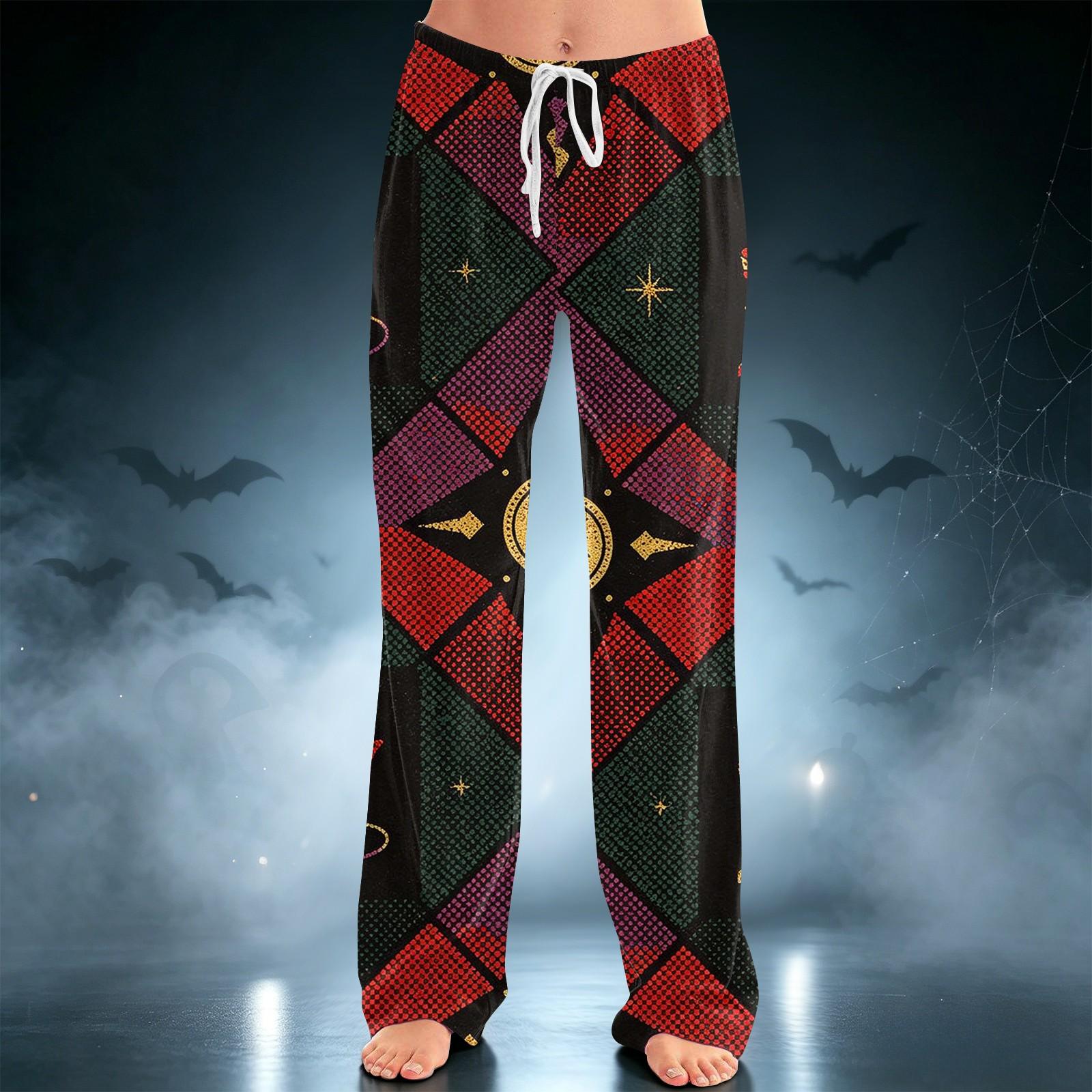 Women s Halloween Printed Drawstring Wide Leg Pants for Casual Sleepwear L