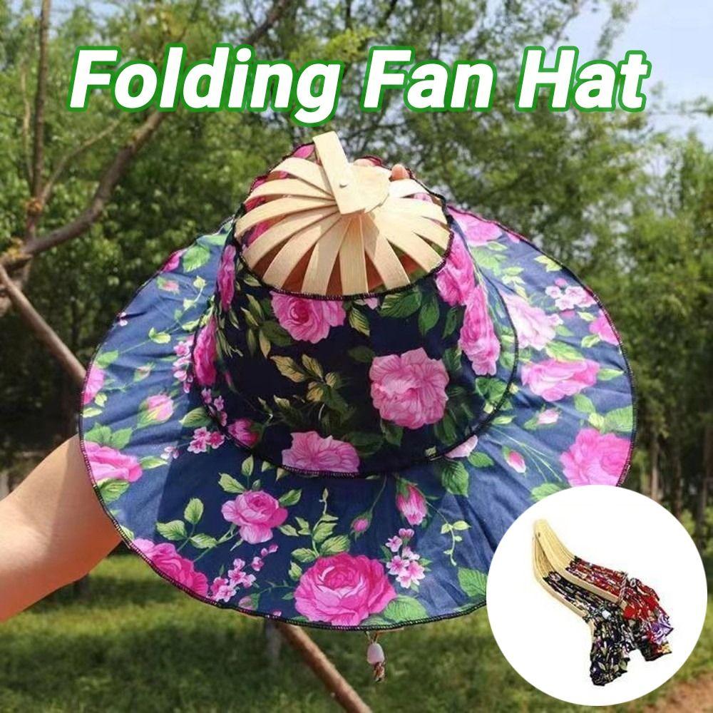 Wide Brim Folding Fan Hat Floral Printed Bamboo Sunscreen Cap Women Sunhat Fan Sun Hats  Beach