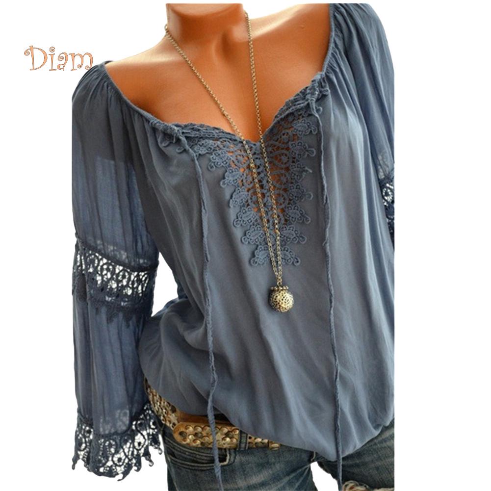 Fetong Autumn Elegant Hollow Lace Stitching Solid Color Women Long Sleeve Shirt Top