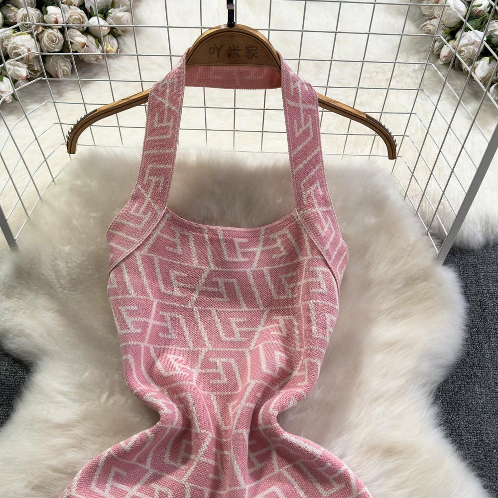 Summer Women Brand Designer Sexy Club Party Halter Print Letter Knitted Sweater Slim Bodycon Mini Short Sheath Dresses
