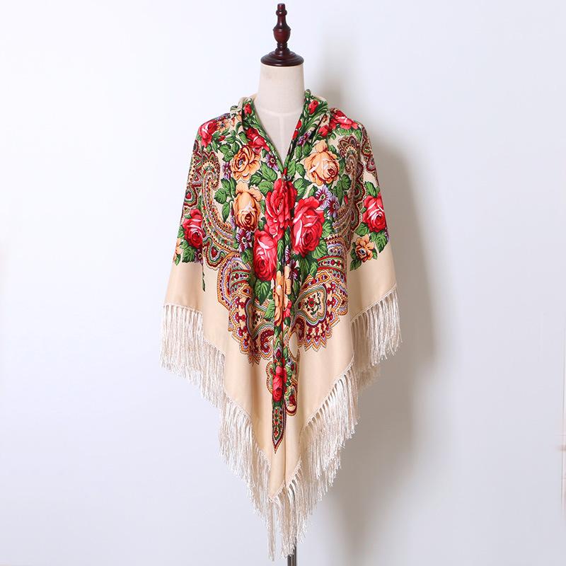 160*160Cm Women Russian National Scarf Lady Tassel Floral Print Headscarf Wraps Babushka Bandana Beach Travel Shade Shawls