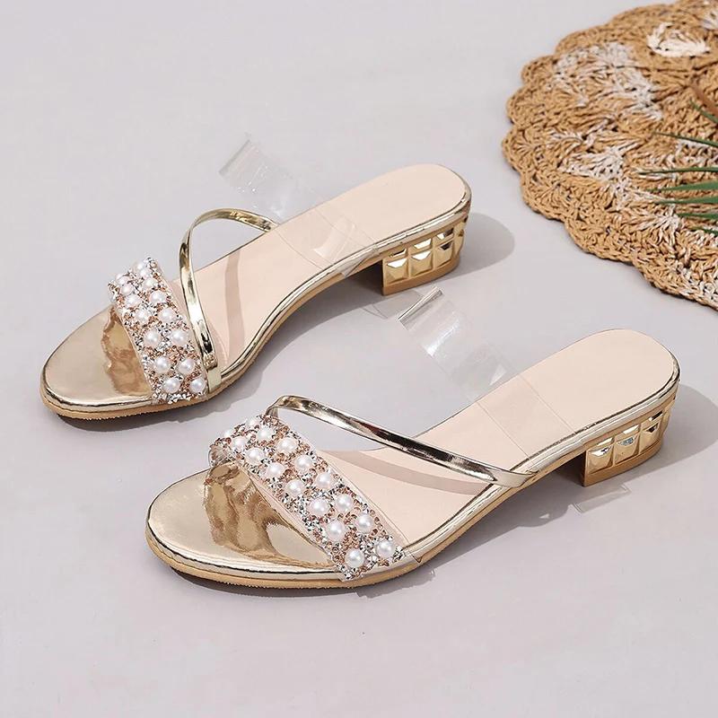 Fashion Pearl Decoration Low Heels Slippers for Women 2025 Summer Plus Size Fashion Gold Sandals Woman Comfort Outdoor Beach Slippers