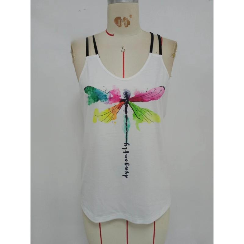 Womens V Neck Double Strap Tank Top With Dragonfly Print Casual Solid Color Sleeveless Blouse