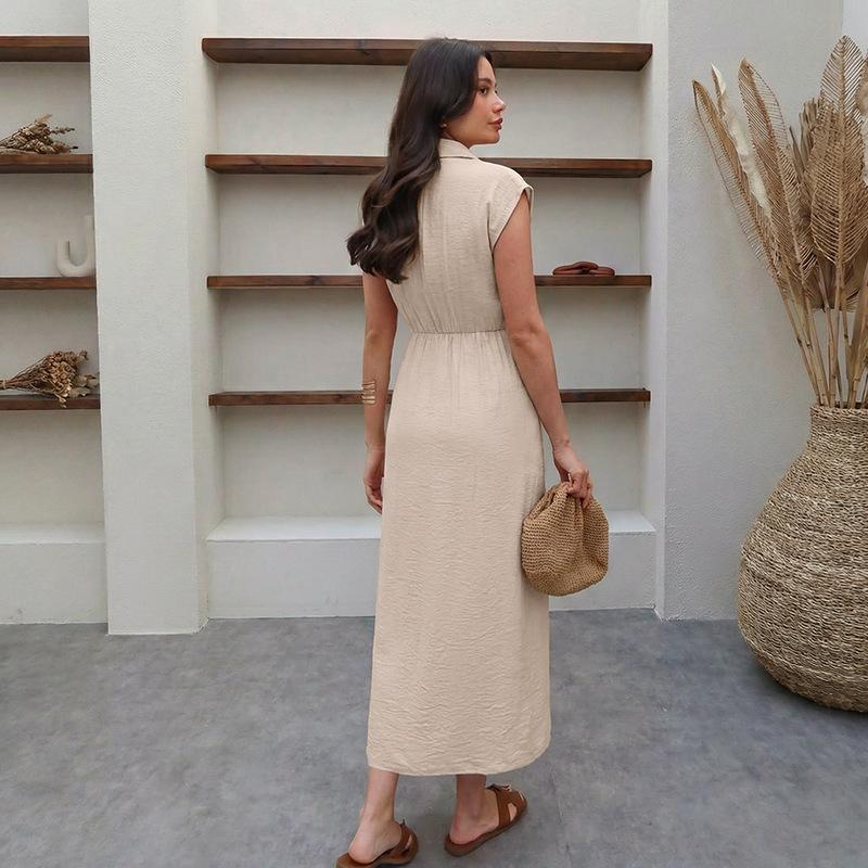 2026 Summer New Style Elegant Business-Attire Vacation Solid-color Shirt Collar Belled-Waist Dress