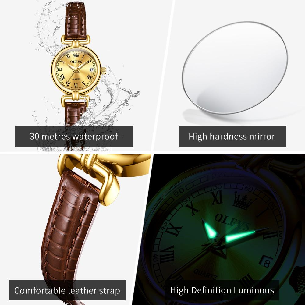 OLEVS 5645 Women Watch Quartz Movement Fashion Watch Gift Round-dial Leather Strap Wristwatch Calendar Window Luminous Watch