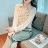 Women White Striped Scarf Collar Shirt Long Sleeve Blouse