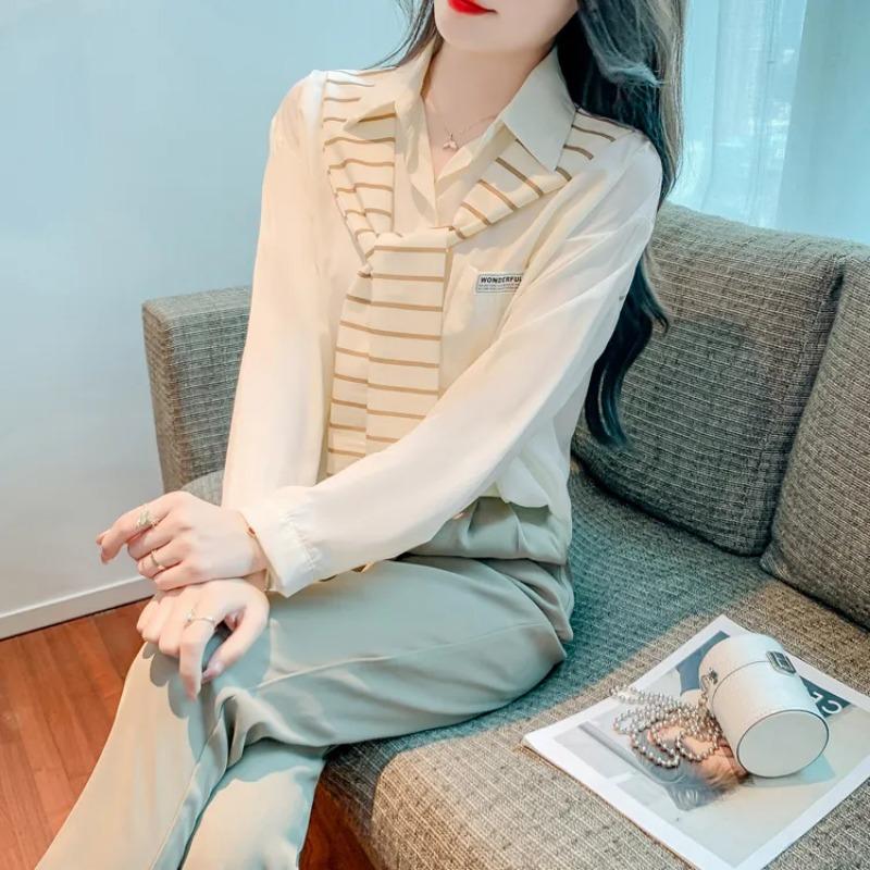 Women White Striped Scarf Collar Shirt Long Sleeve Blouse