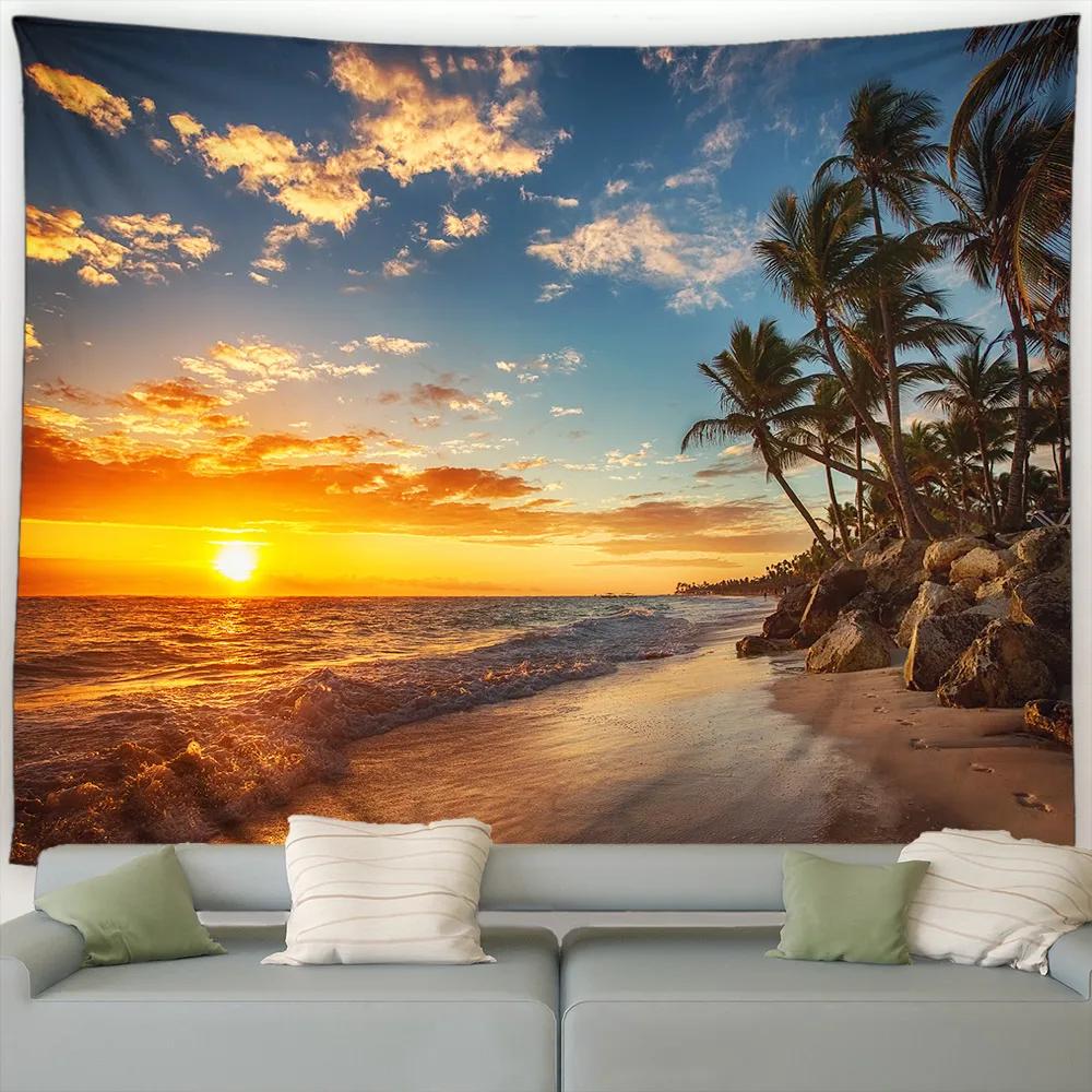 Island Landscape Wall Hanging Tapestry – Beach with Palm Trees At Dusk, Ocean Waves Fabric Art for Living Room, Dorm, Home Decor