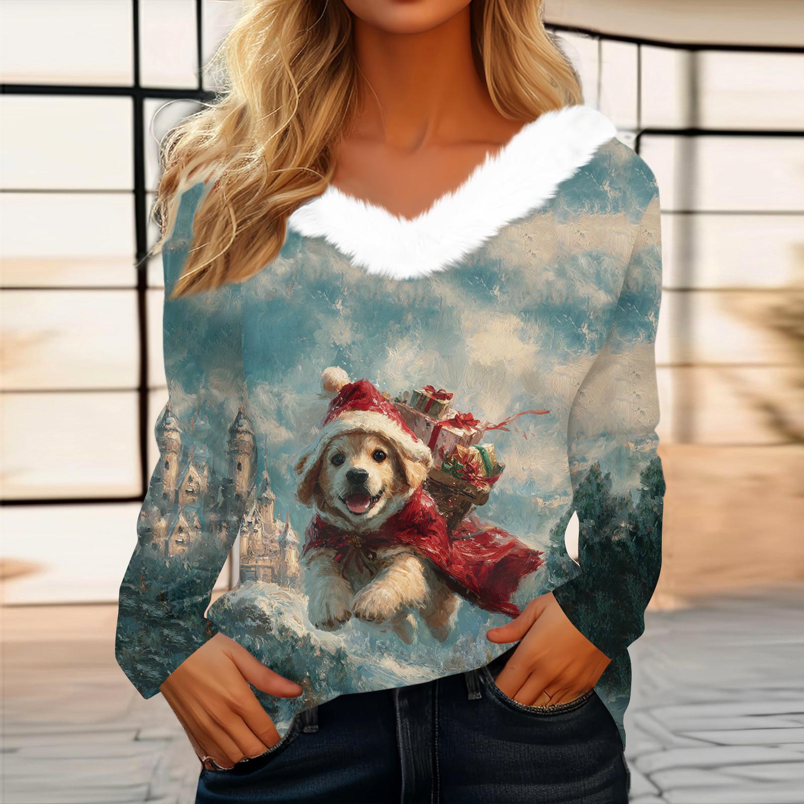 

Women s Christmas Printed Long Sleeved Party Plush Neck V-neck Top L синий