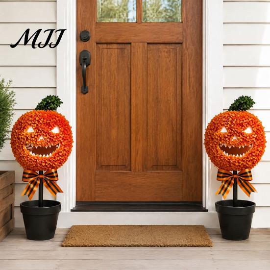 Outdoor Fall Yard Decorations Artificial Pumpkin Topiary Tree, Halloween Face Faux Boxwood Plants with Stake, Decorative Orange Autumn