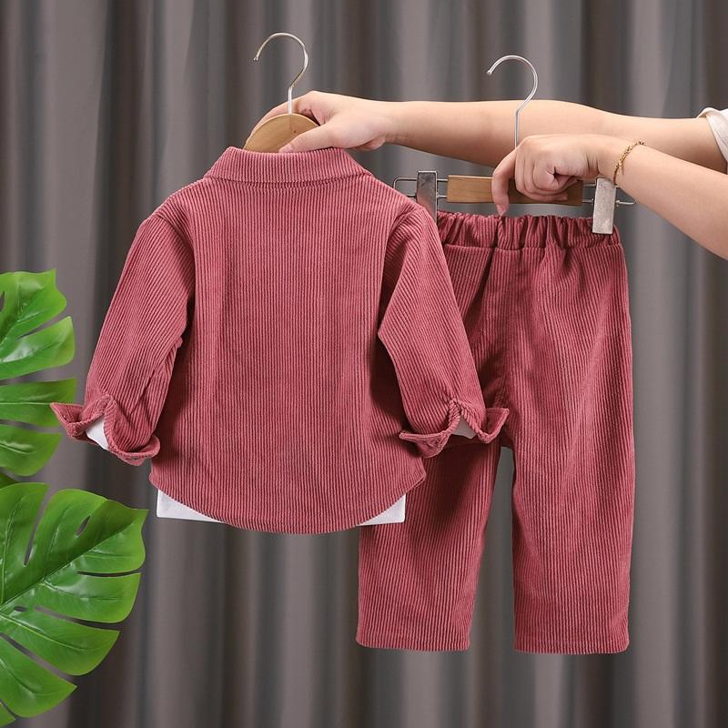 Kids Corduroy 3-Piece Clothing Set Boys Cartoon Print Tee Jacket Pants Casual Outfit For Toddlers